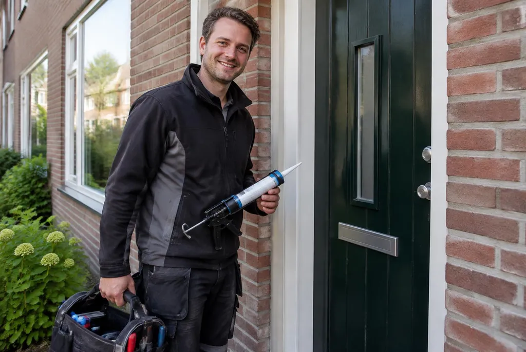 Vakman van Kitbedrijf Enschede bij de voordeur van een woning